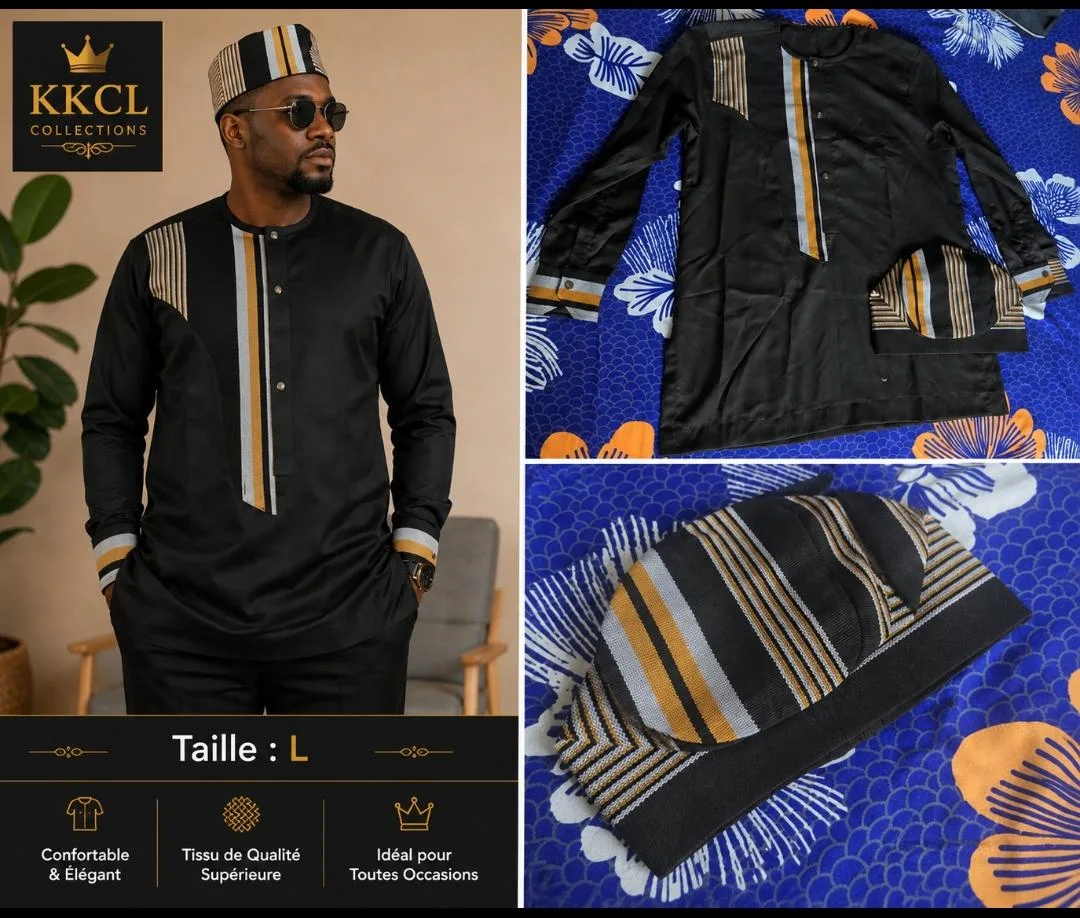 Men's Embroidered African Shirt with Matching Hat – Size L