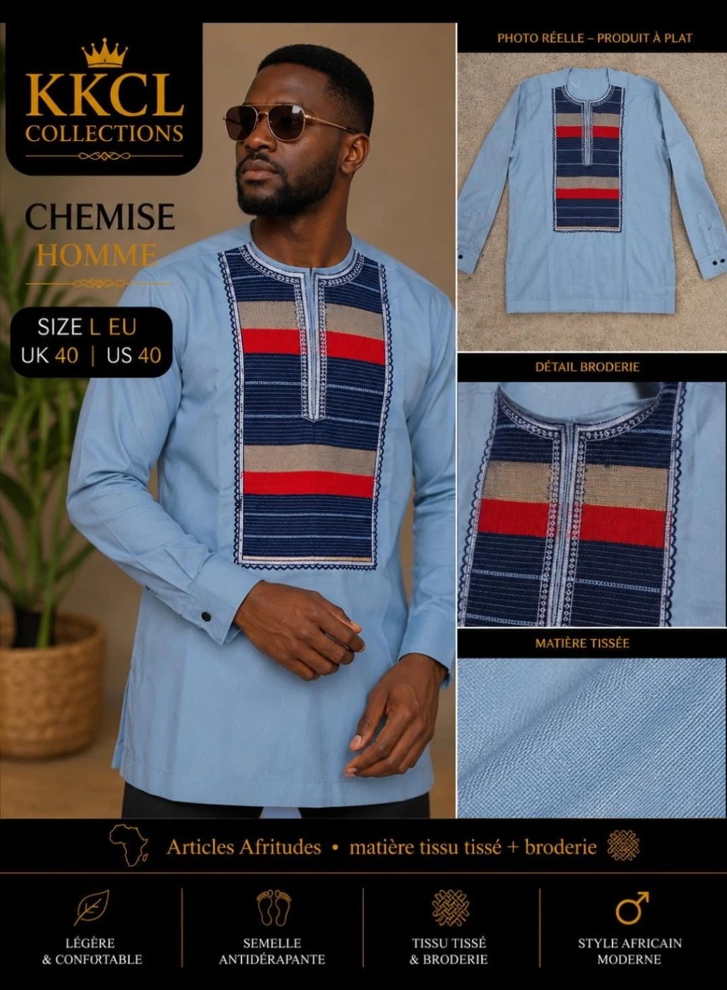 Men's Embroidered African Woven Fabric Shirt – Size L