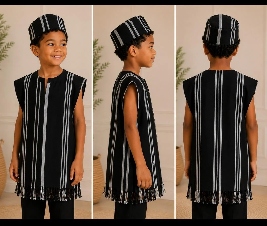 Kids' African Woven Fabric Boubou with Matching Hat – Ages 6–11